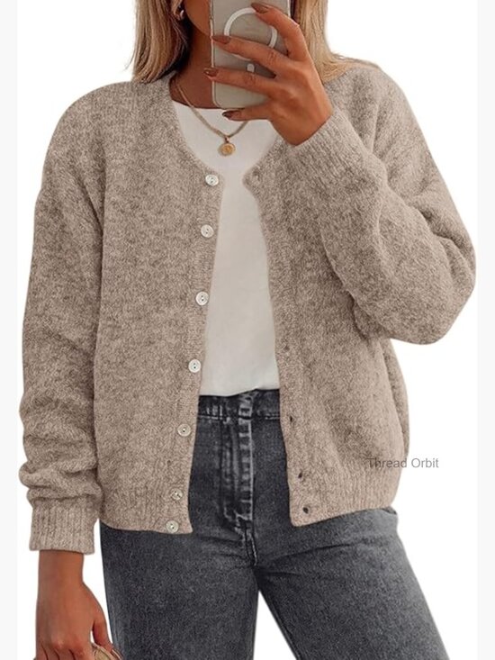 Sweaters - Lightweight Loose Fit Cardigan Crewneck Button Down Long Sleeve Sweater